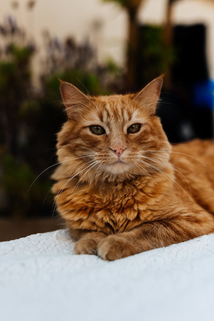 Charming ginger cat lounging indoors on a soft surface, exuding warmth and comfort.